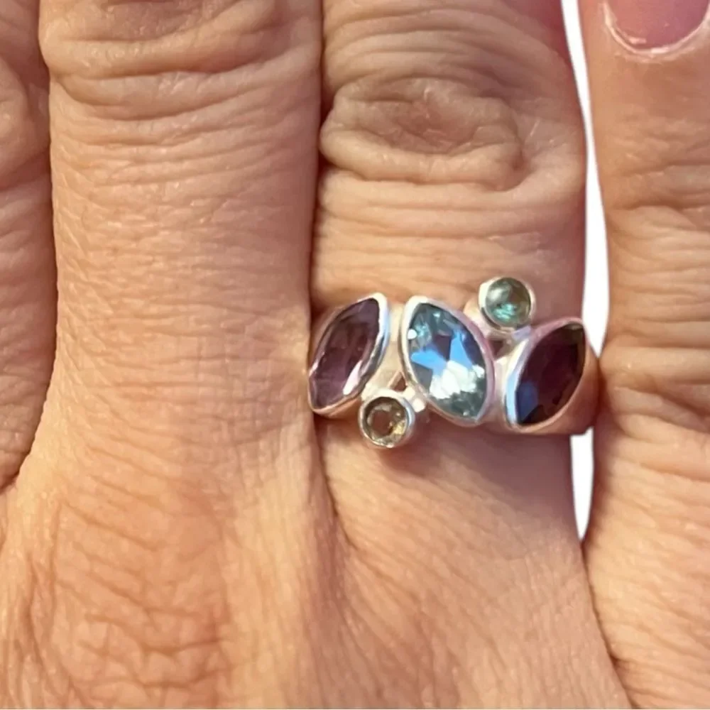 Amazing Blue Topaz Garnet Amethyst Peridot Citrine Sterling Silver Ring Size 7